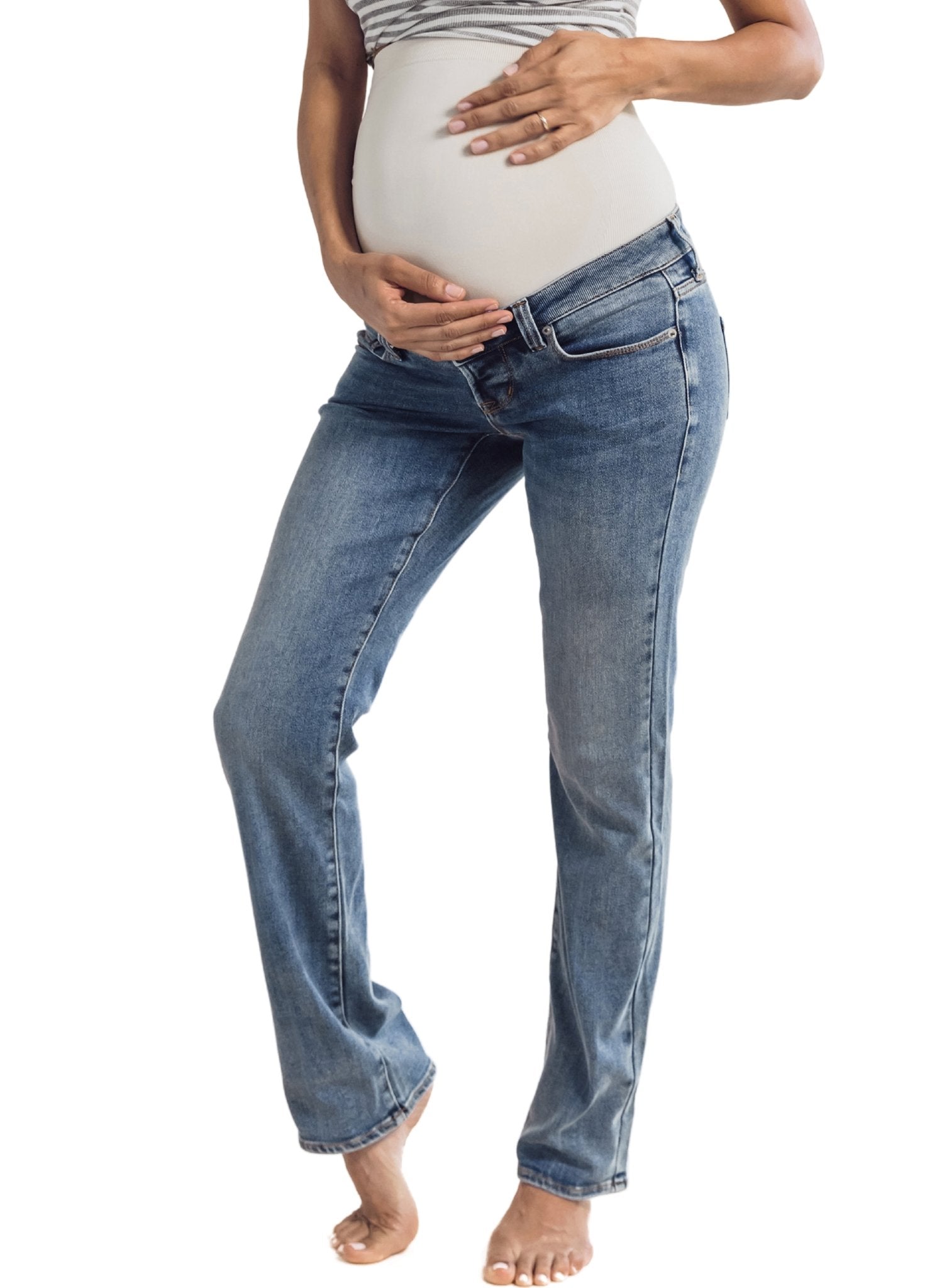 BLANQI Denim Maternity Belly Support Flare Jeans - Worn Indigo - Mums and Bumps