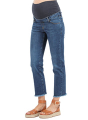 Cropped Straight Maternity Jeans with Fringed Hem - Dark Wash - Mums and Bumps