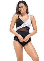 Cross-Front Contrast Graphic One-Piece Slimming Swimsuit - Mums and Bumps