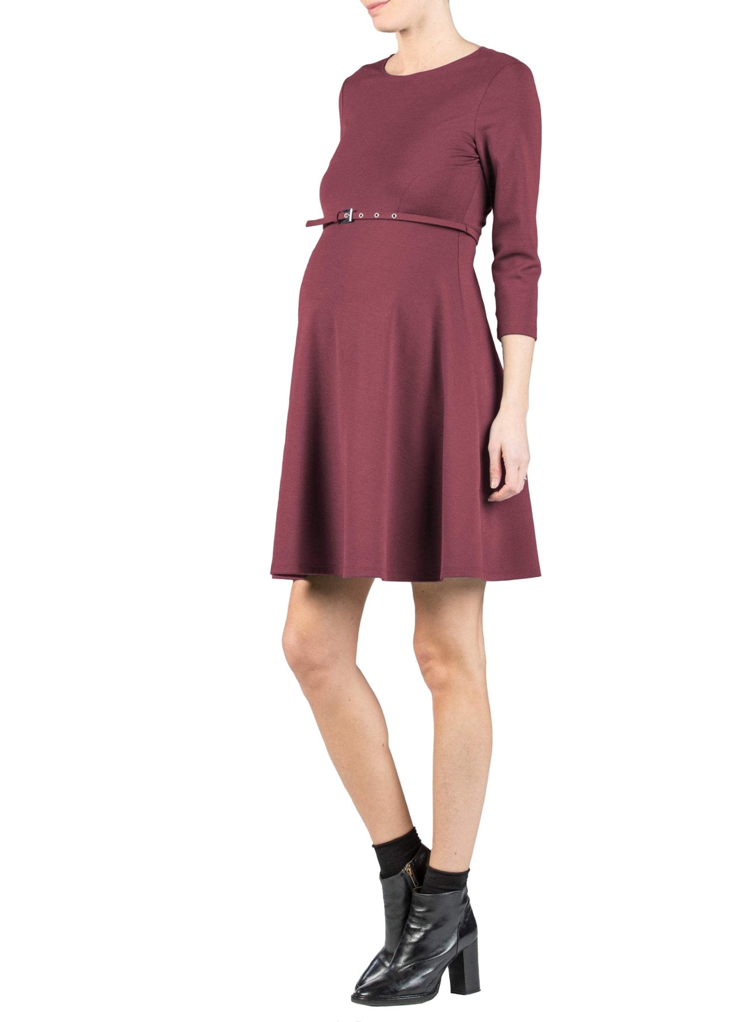 Flared Maternity Dress with Belt - Bordeaux - Mums and Bumps