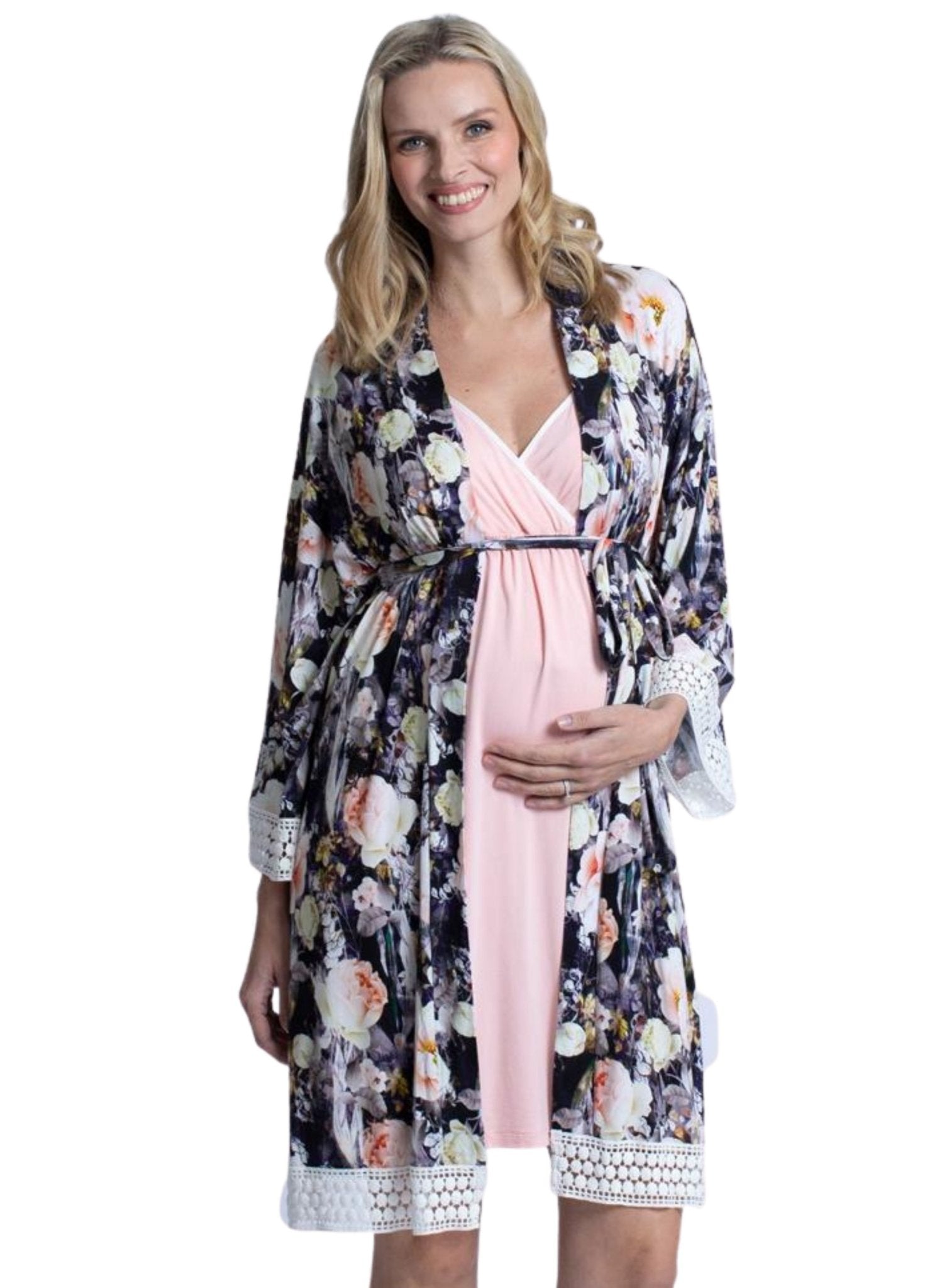 Hospital Pack Nursing Dress + Robe - Pink Floral - Mums and Bumps