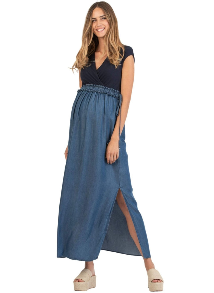 Long Empire Waist Maternity & Nursing Dress in Tencel with Elastic Ban Mums and Bumps Long Empire Waist Maternity & Nursing Dress in Tencel with Elastic Ban Mums and Bumps