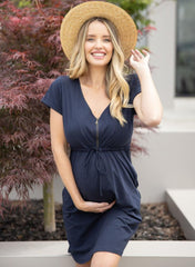 Maternity and Breastfeeding Zip Front Dress - Navy - Mums and Bumps