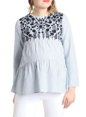 Maternity Embroidered Blouse - Blue Striped - Mums and Bumps