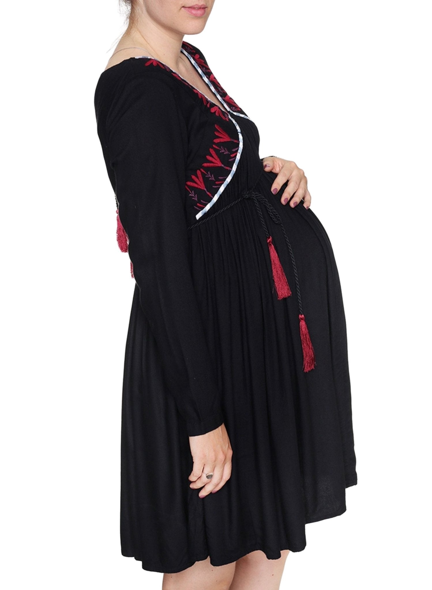 Maternity & Nursing Embroidered Dress - Black/Bordeaux - Mums and Bumps