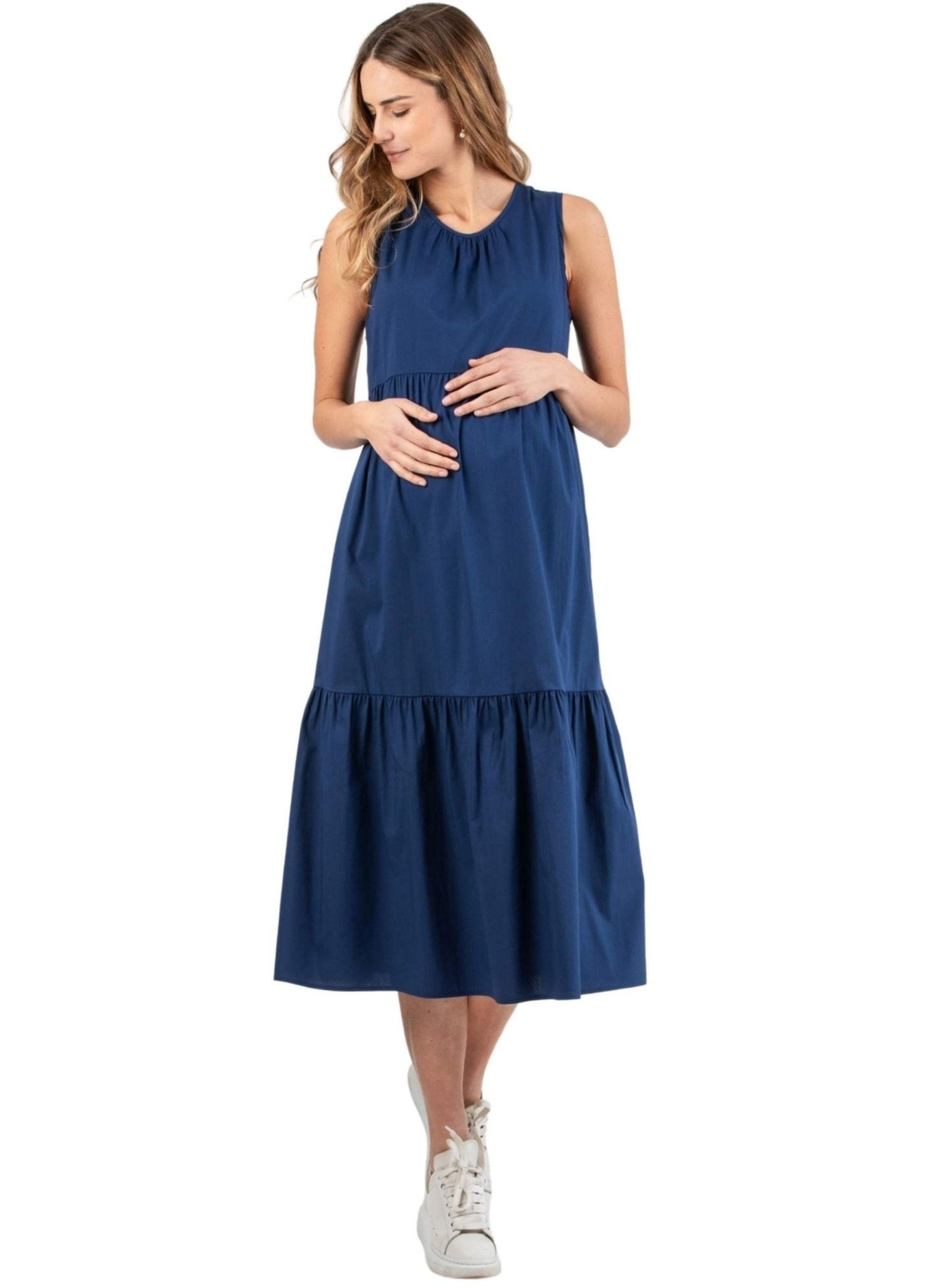 Midi Maternity Dress with Flounces and Cord with Pearls - Blue - Mums and Bumps