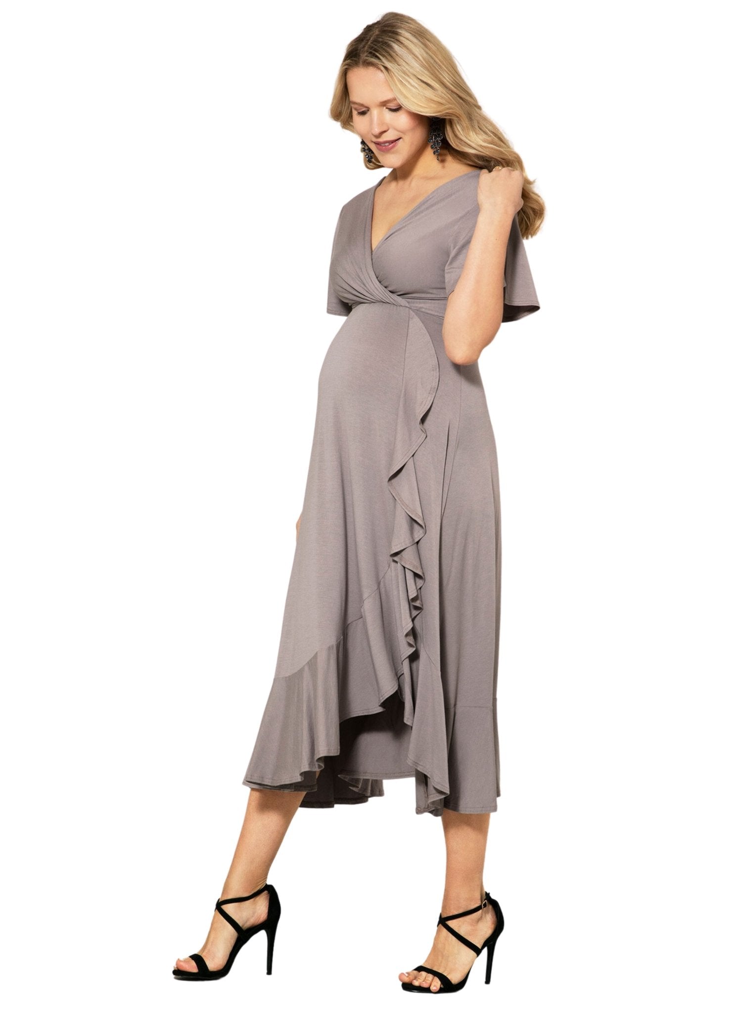 Waterfall Maternity Midi Dress - Taupe Grey - Mums and Bumps