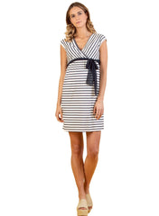 Wrap Maternity & Nursing Dress with Stripes and Ribbon Belt - Mums and Bumps